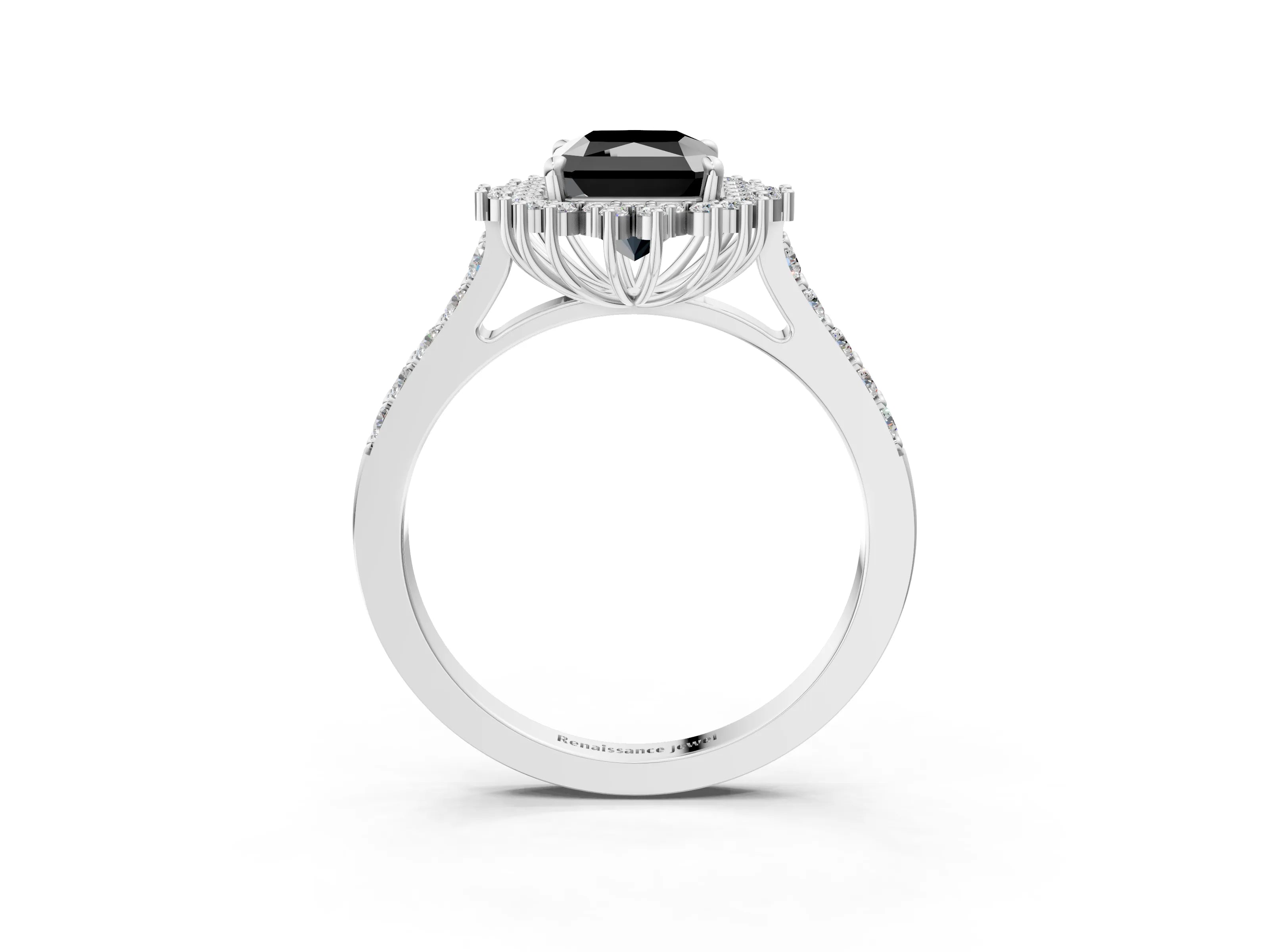 White gold Fancy Black Radiant Cut Cut Diamond Sunburst Halo Engagement Ring with Pavé Band_15