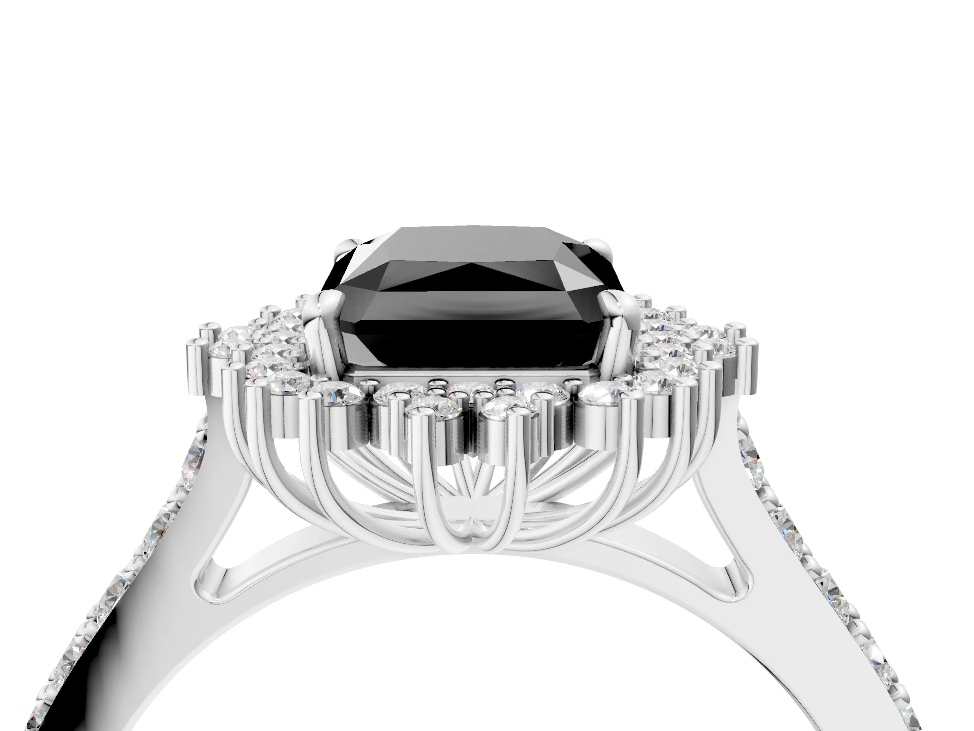 White gold Fancy Black Radiant Cut Cut Diamond Sunburst Halo Engagement Ring with Pavé Band_16