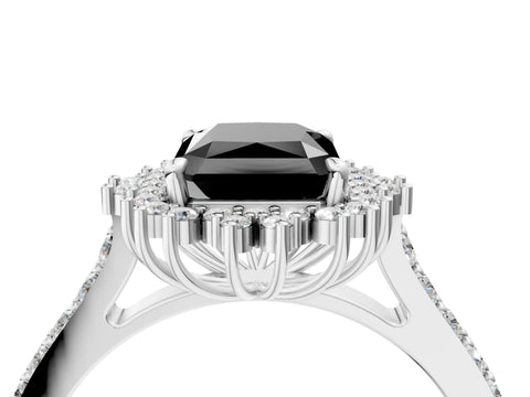 White gold Fancy Black Radiant Cut Cut Diamond Sunburst Halo Engagement Ring with Pavé Band_16