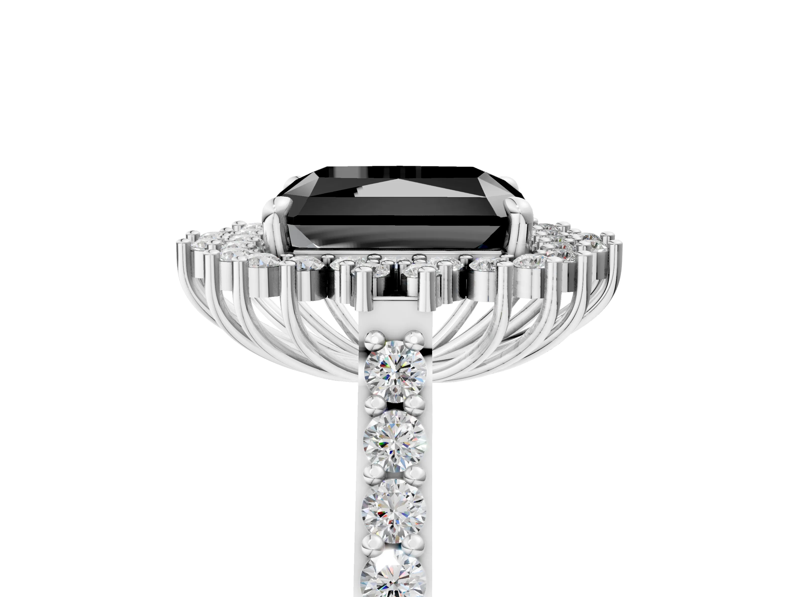 White gold Fancy Black Radiant Cut Cut Diamond Sunburst Halo Engagement Ring with Pavé Band_17