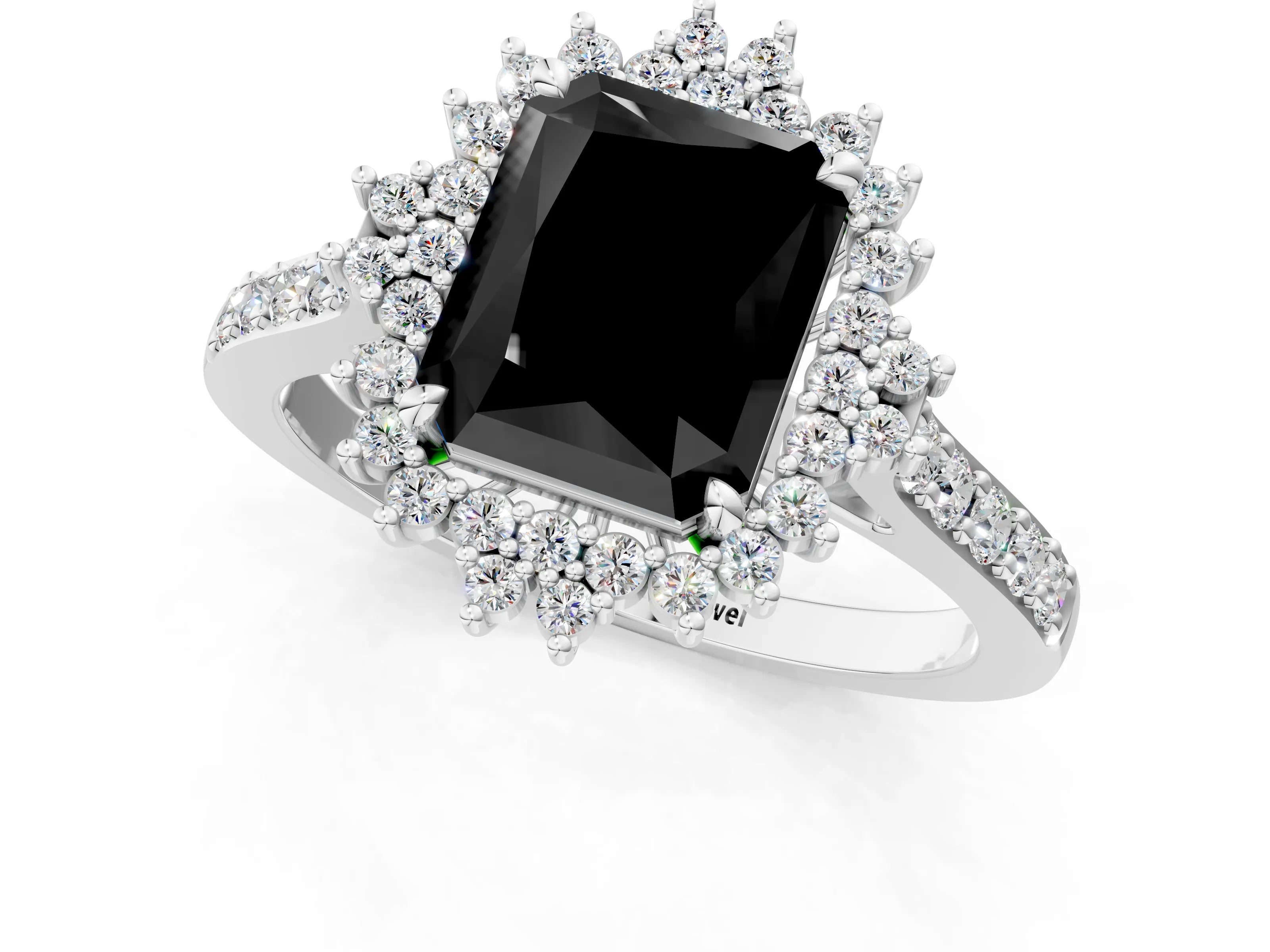 White gold Fancy Black Radiant Cut Cut Diamond Sunburst Halo Engagement Ring with Pavé Band_1