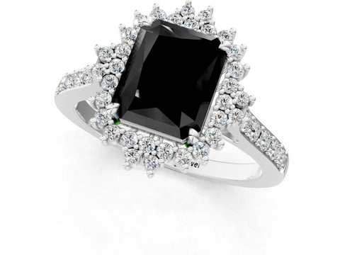 White gold Fancy Black Radiant Cut Cut Diamond Sunburst Halo Engagement Ring with Pavé Band_1