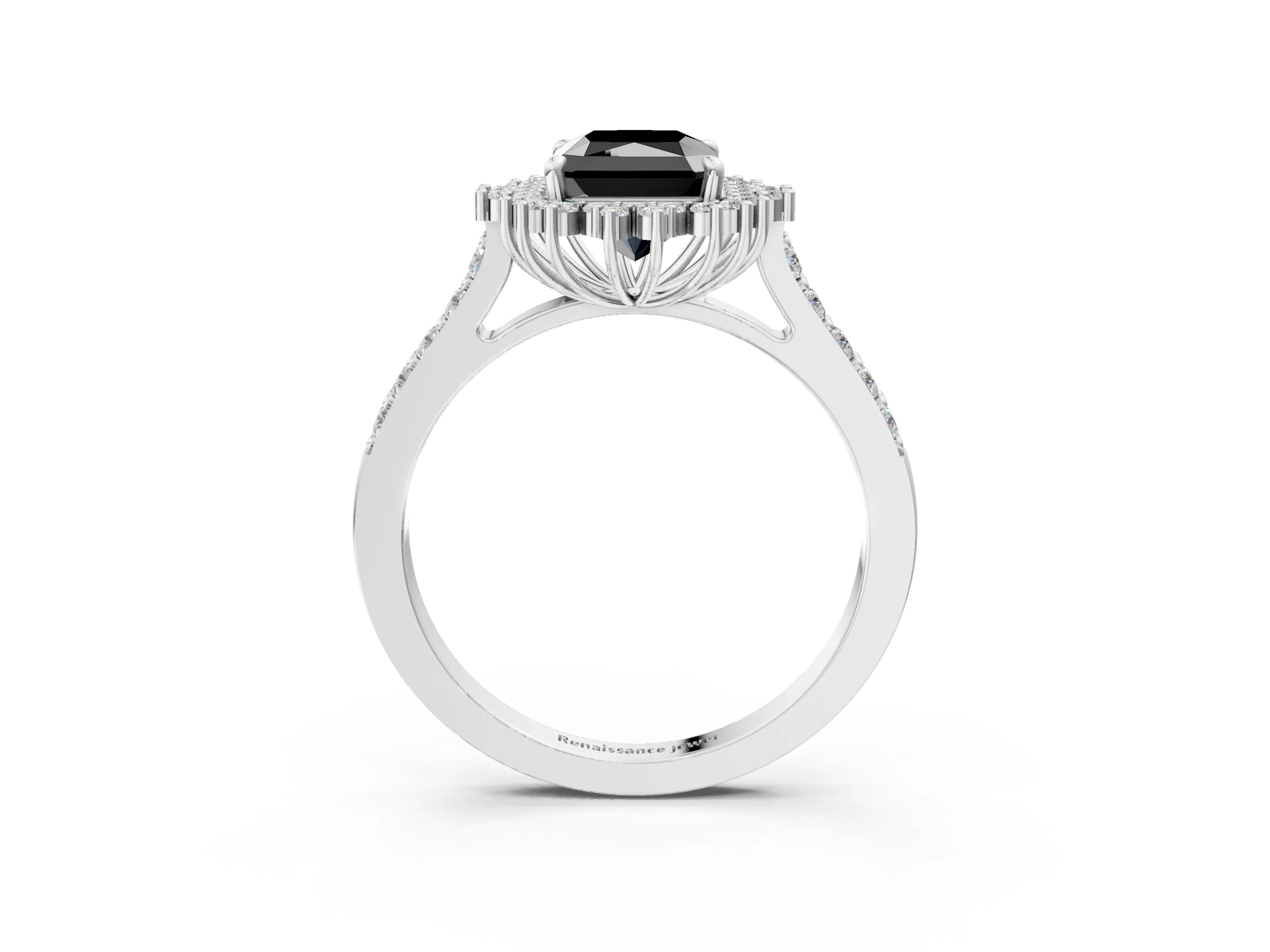 White gold Fancy Black Radiant Cut Cut Diamond Sunburst Halo Engagement Ring with Pavé Band_3