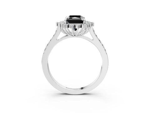 White gold Fancy Black Radiant Cut Cut Diamond Sunburst Halo Engagement Ring with Pavé Band_3