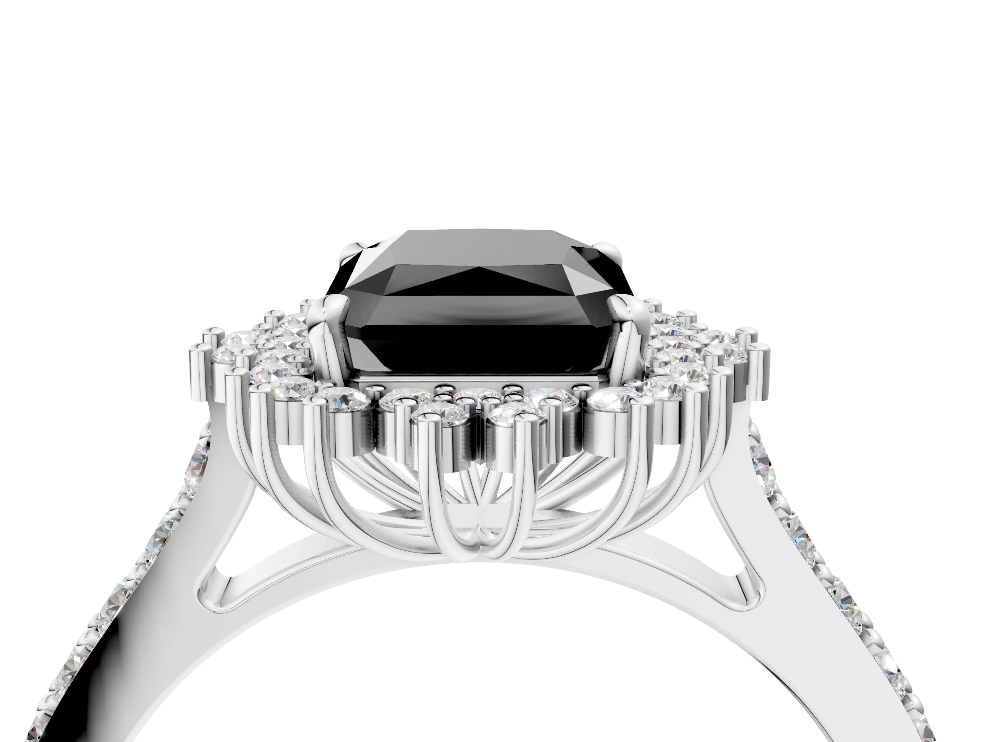 White gold Fancy Black Radiant Cut Cut Diamond Sunburst Halo Engagement Ring with Pavé Band_4