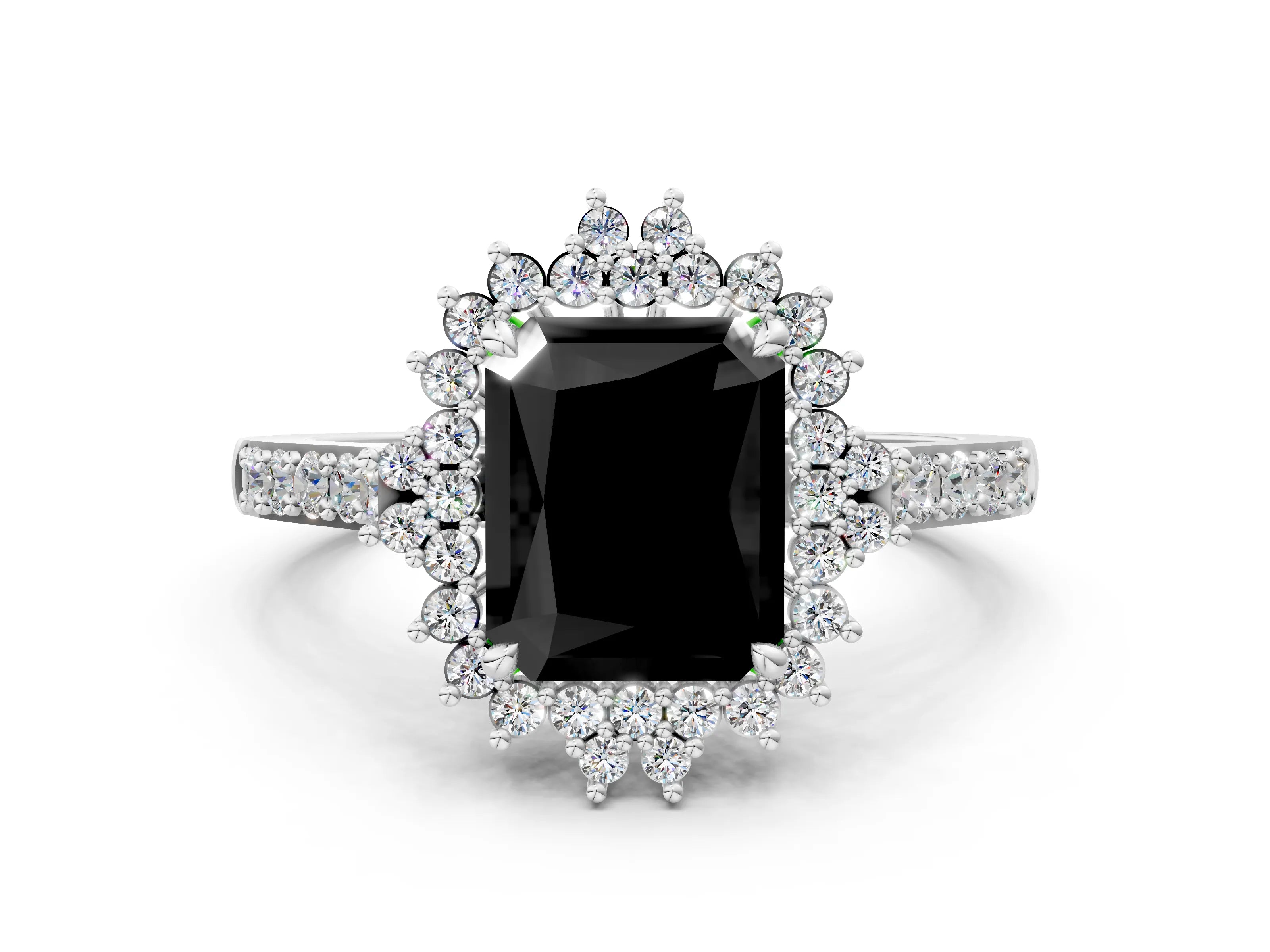 White gold Fancy Black Radiant Cut Cut Diamond Sunburst Halo Engagement Ring with Pavé Band