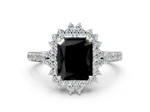 White gold Fancy Black Radiant Cut Cut Diamond Sunburst Halo Engagement Ring with Pavé Band