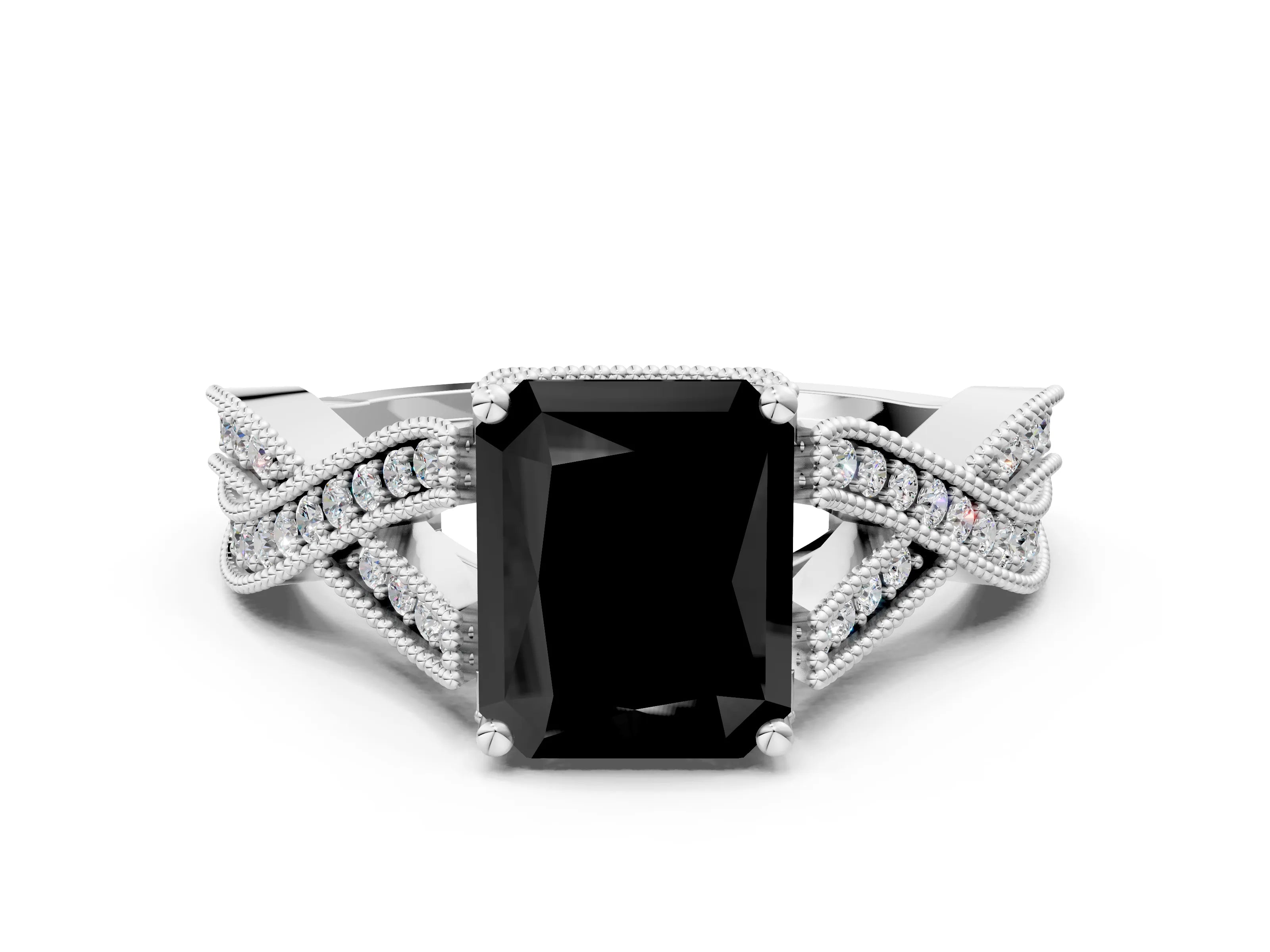 White gold Fancy Black Radiant Cut Cut Diamond Twisted Band with Milgrain Pave Setting and Four-Prong Setting_13