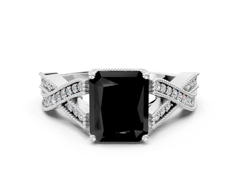White gold Fancy Black Radiant Cut Cut Diamond Twisted Band with Milgrain Pave Setting and Four-Prong Setting_13