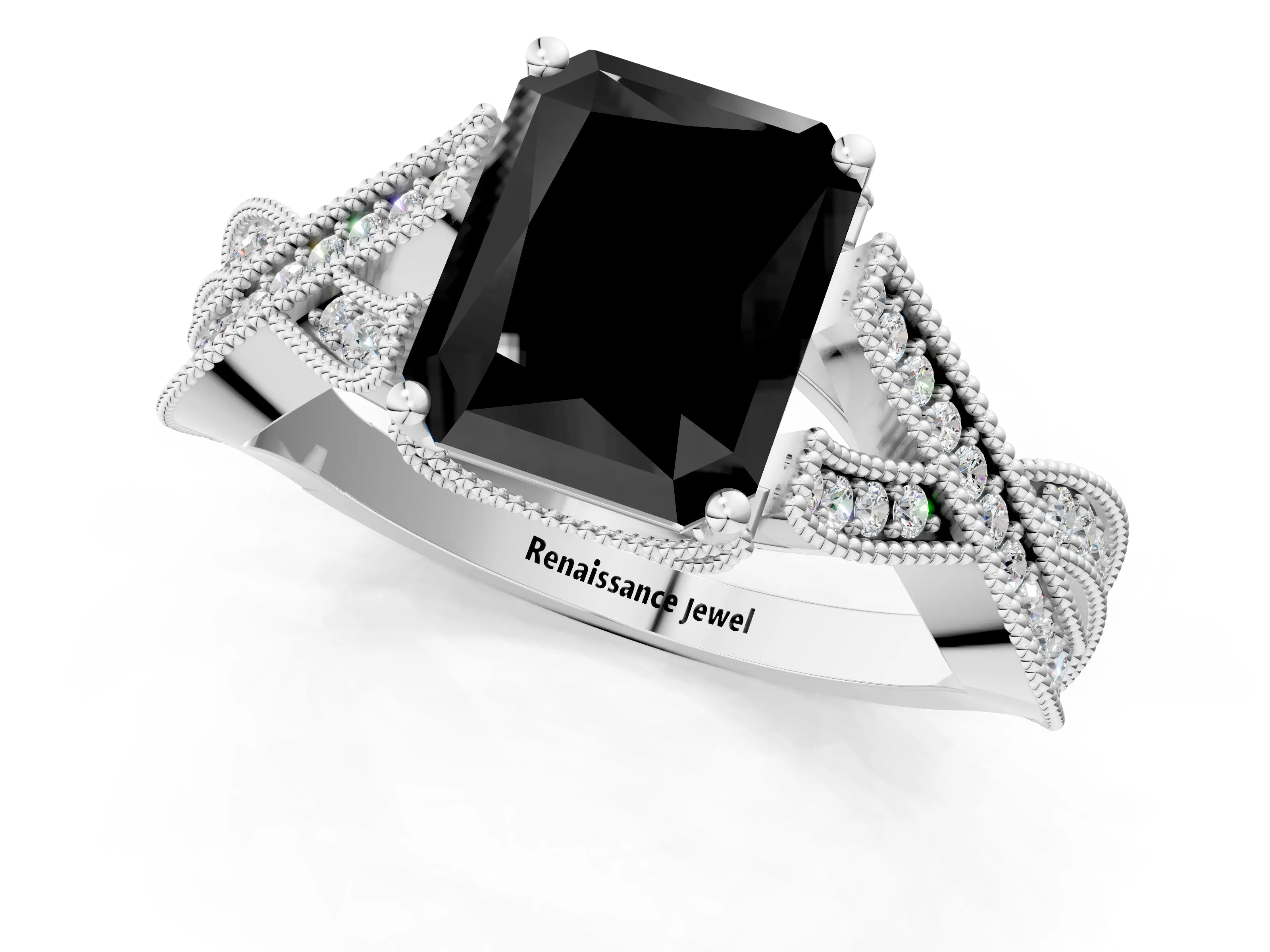 White gold Fancy Black Radiant Cut Cut Diamond Twisted Band with Milgrain Pave Setting and Four-Prong Setting_14