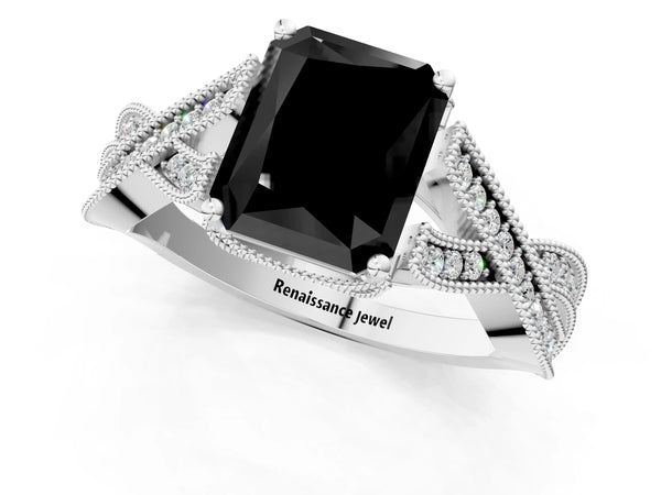 White Gold Radiant Cut Graduated Pave Twist Engagement Ring Setting for Black Center