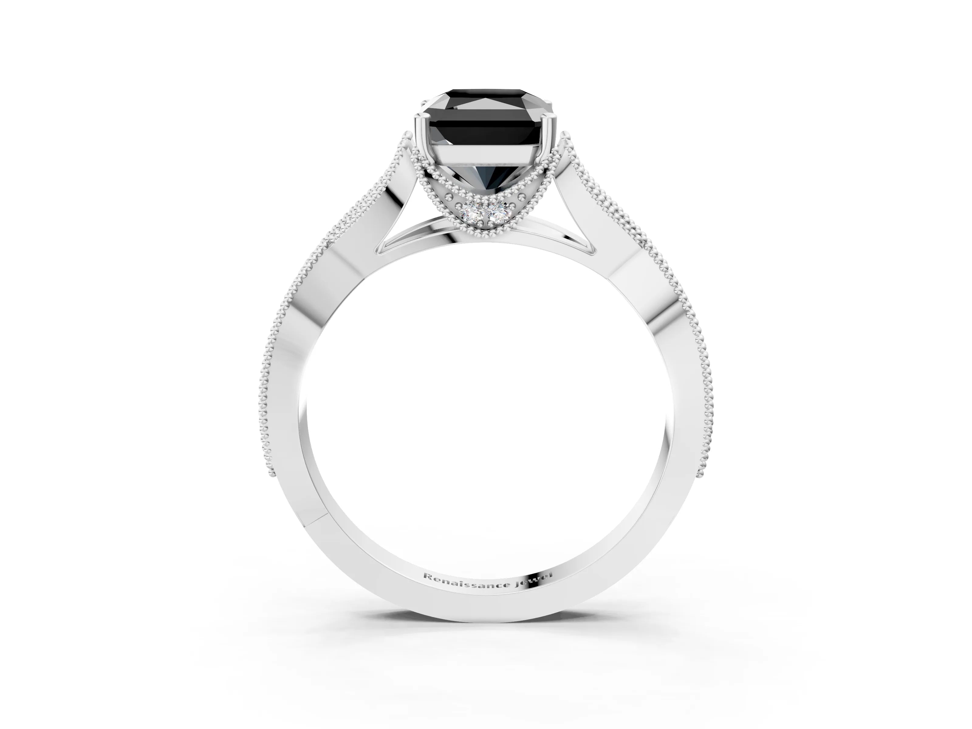 White gold Fancy Black Radiant Cut Cut Diamond Twisted Band with Milgrain Pave Setting and Four-Prong Setting_16