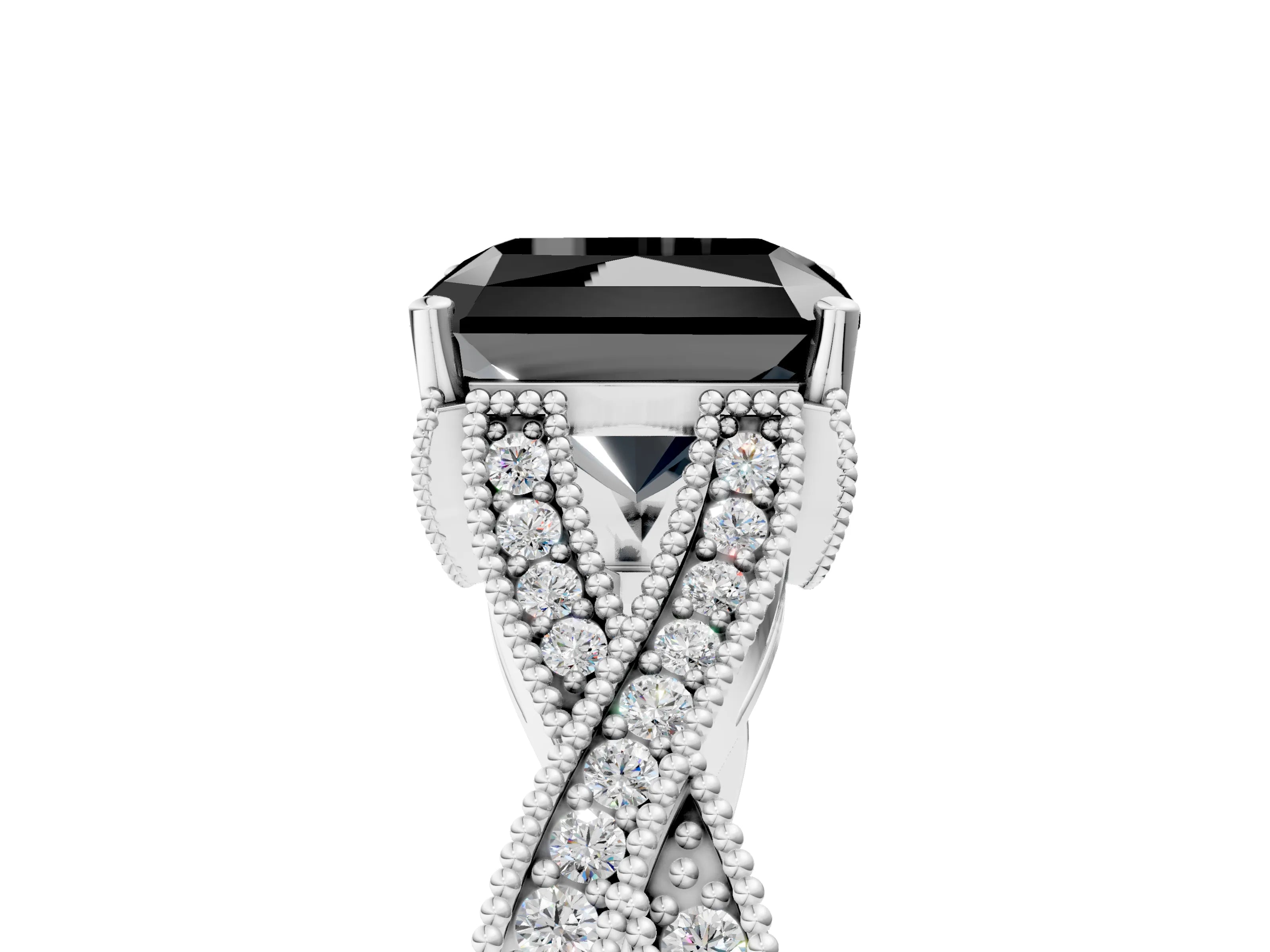 White gold Fancy Black Radiant Cut Cut Diamond Twisted Band with Milgrain Pave Setting and Four-Prong Setting_18