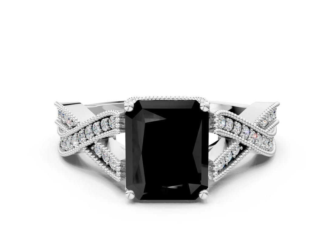 White gold Fancy Black Radiant Cut Cut Diamond Twisted Band with Milgrain Pave Setting and Four-Prong Setting_1