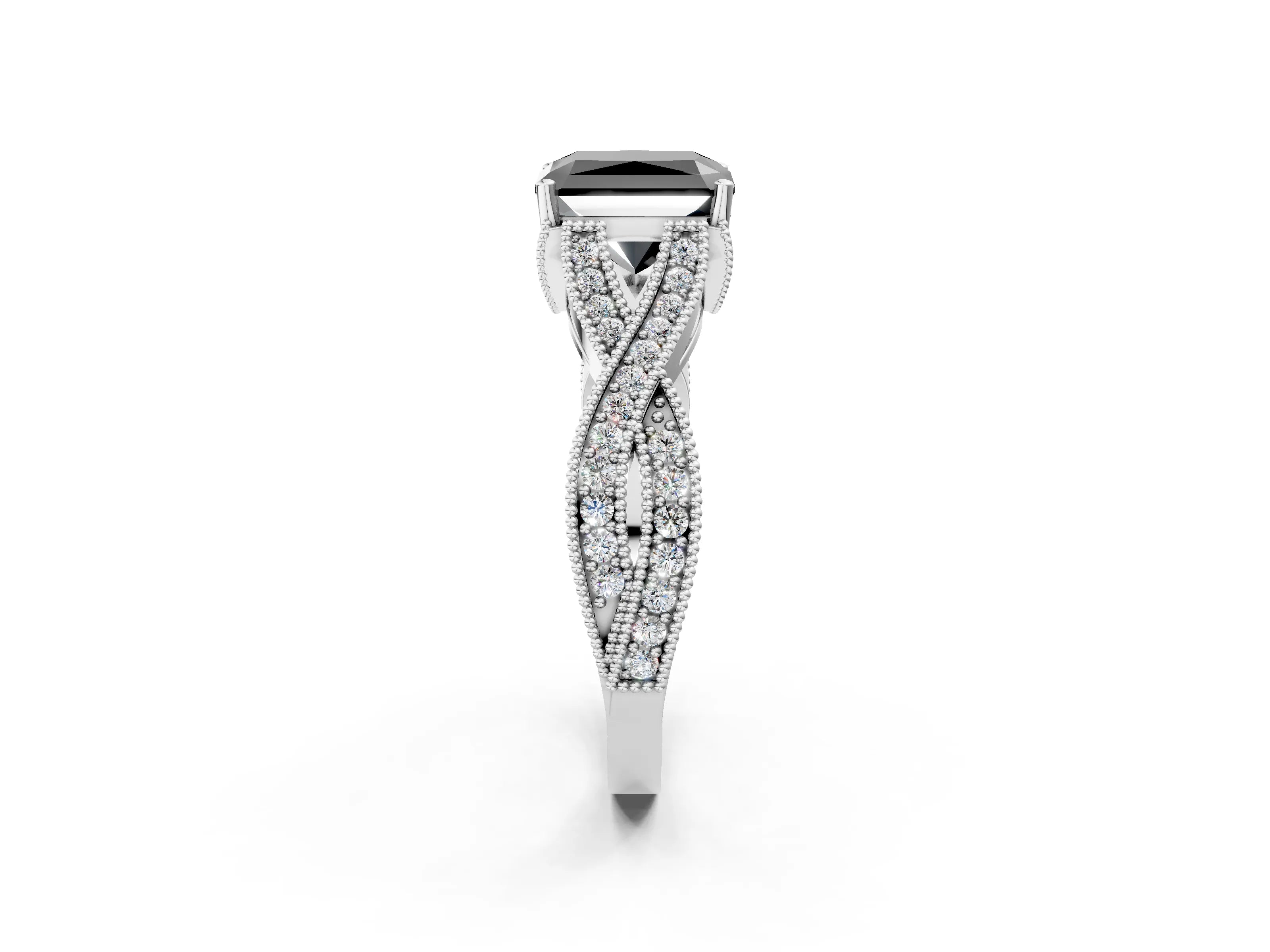 White gold Fancy Black Radiant Cut Cut Diamond Twisted Band with Milgrain Pave Setting and Four-Prong Setting_2