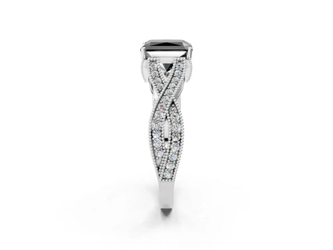 White gold Fancy Black Radiant Cut Cut Diamond Twisted Band with Milgrain Pave Setting and Four-Prong Setting_2
