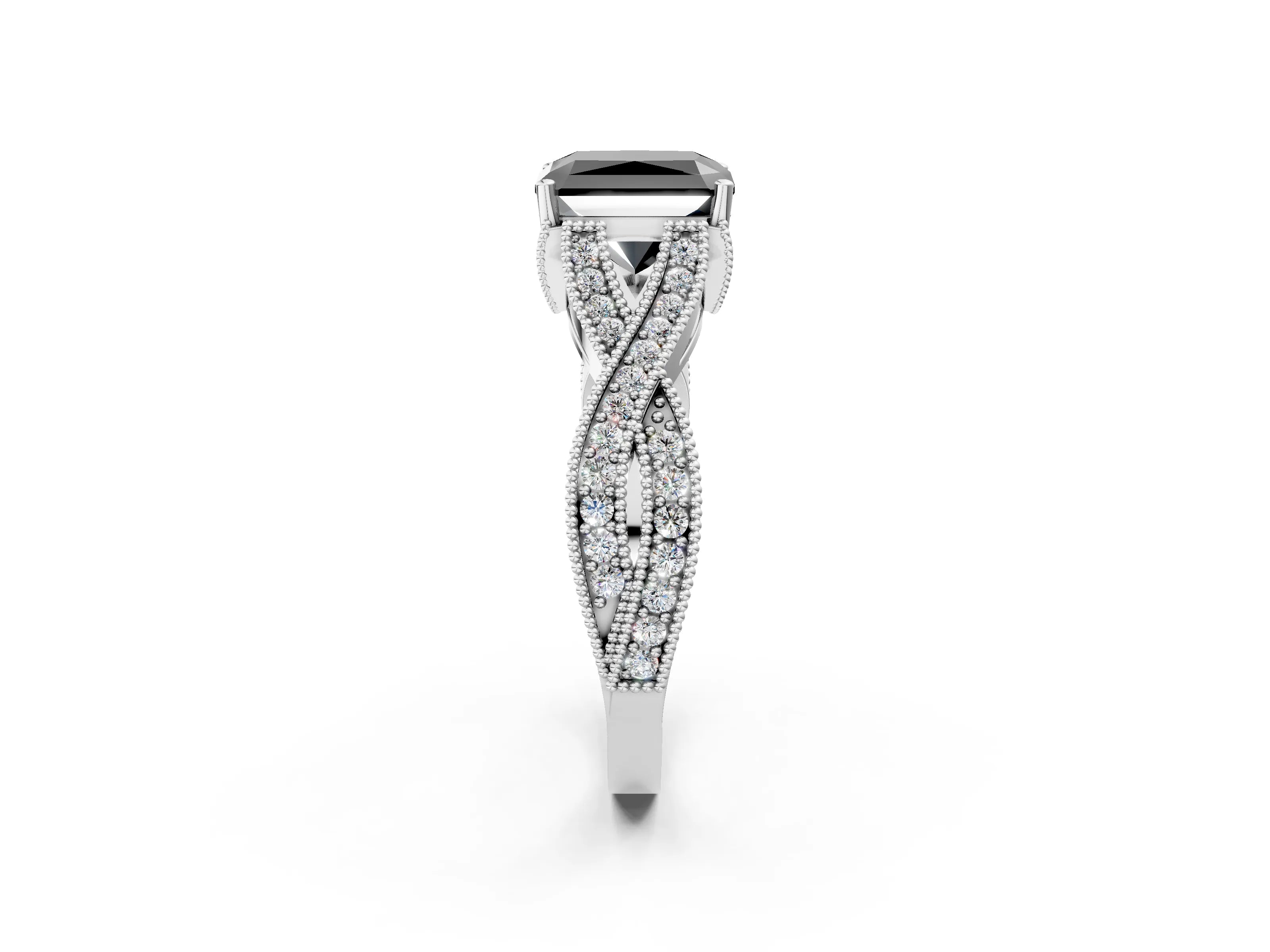 White gold Fancy Black Radiant Cut Cut Diamond Twisted Band with Milgrain Pave Setting and Four-Prong Setting_3