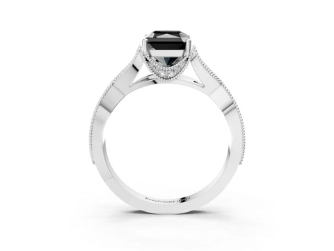 White gold Fancy Black Radiant Cut Cut Diamond Twisted Band with Milgrain Pave Setting and Four-Prong Setting_3
