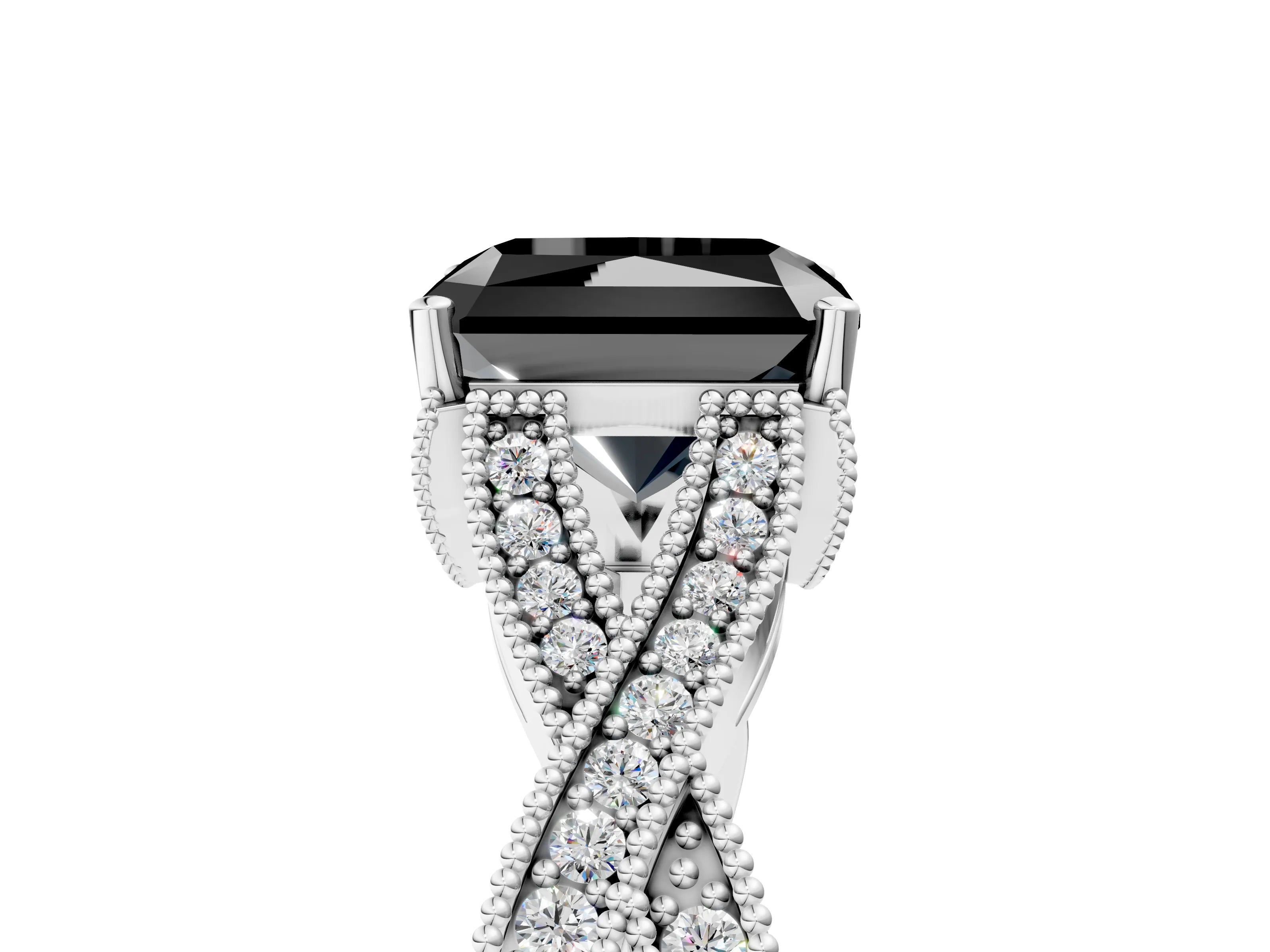 White gold Fancy Black Radiant Cut Cut Diamond Twisted Band with Milgrain Pave Setting and Four-Prong Setting_5