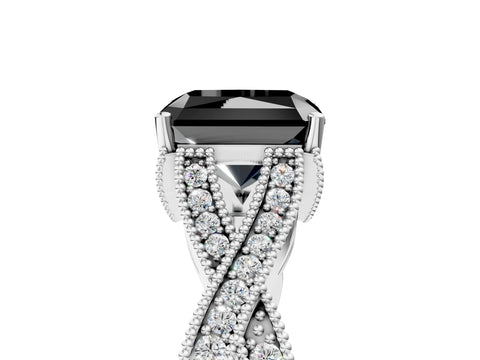 White gold Fancy Black Radiant Cut Cut Diamond Twisted Band with Milgrain Pave Setting and Four-Prong Setting_5