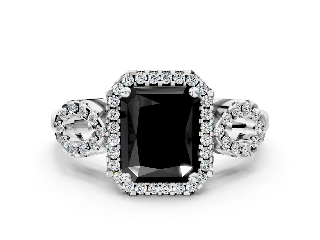 White gold Fancy Black Radiant Cut Cut Halo Diamond Infinity Band with Four-Prong Setting