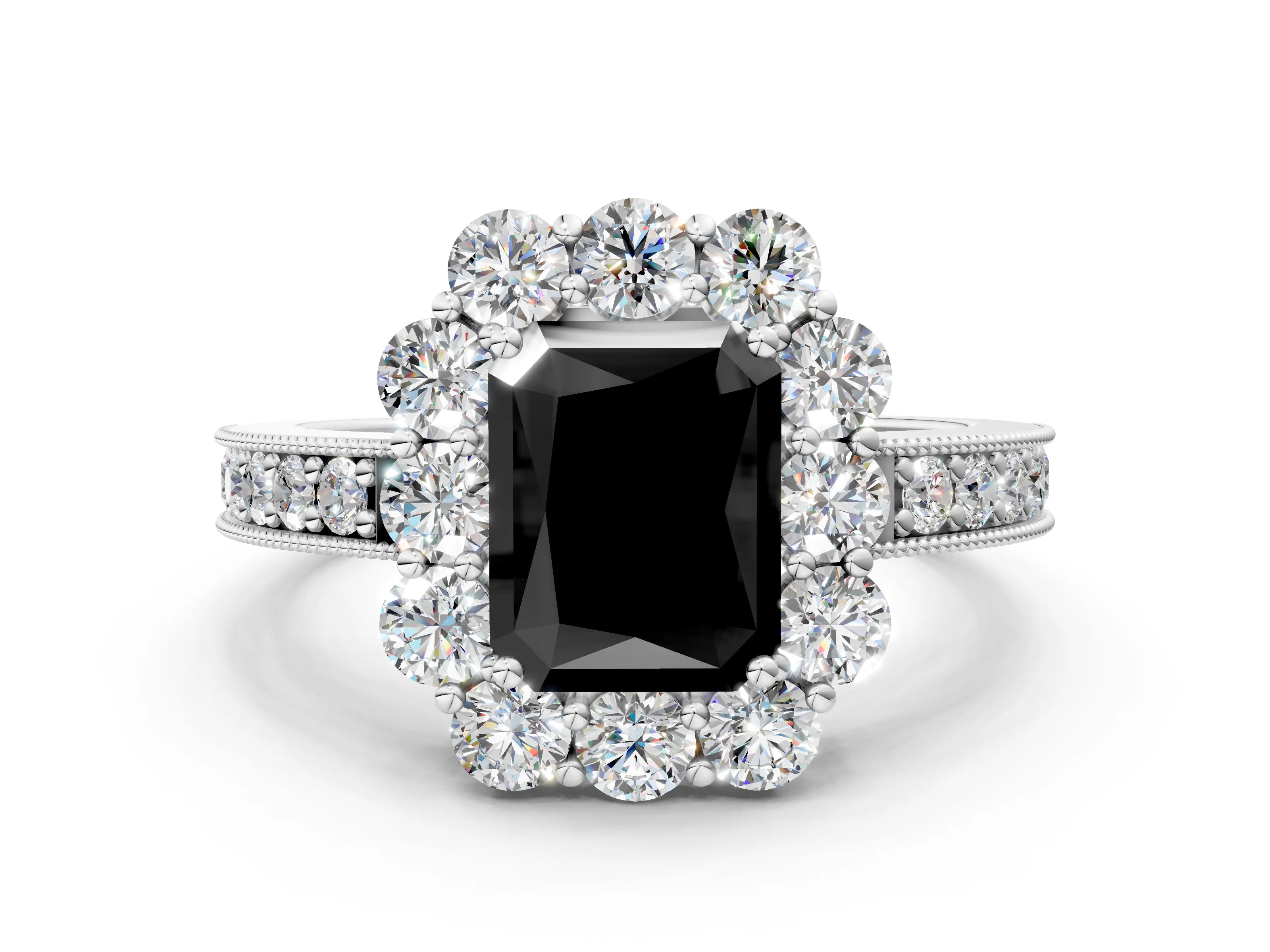 White gold Fancy Black Radiant Cut Cut Halo Diamond Pavé Engagement Ring with Milgrain Detailing_12
