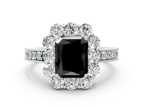 White gold Fancy Black Radiant Cut Cut Halo Diamond Pavé Engagement Ring with Milgrain Detailing_12