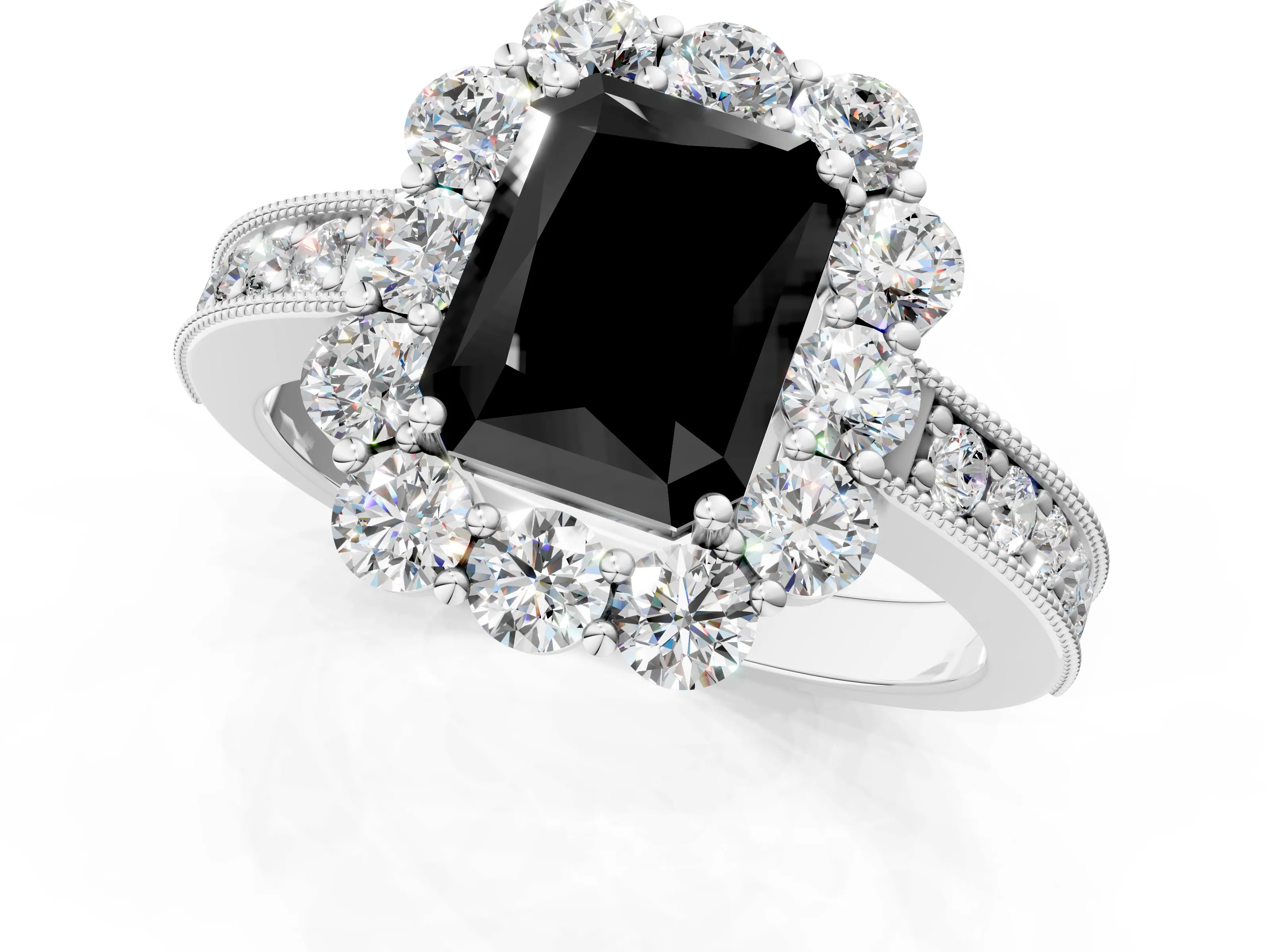 White gold Fancy Black Radiant Cut Cut Halo Diamond Pavé Engagement Ring with Milgrain Detailing_13
