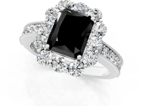 White gold Fancy Black Radiant Cut Cut Halo Diamond Pavé Engagement Ring with Milgrain Detailing_13
