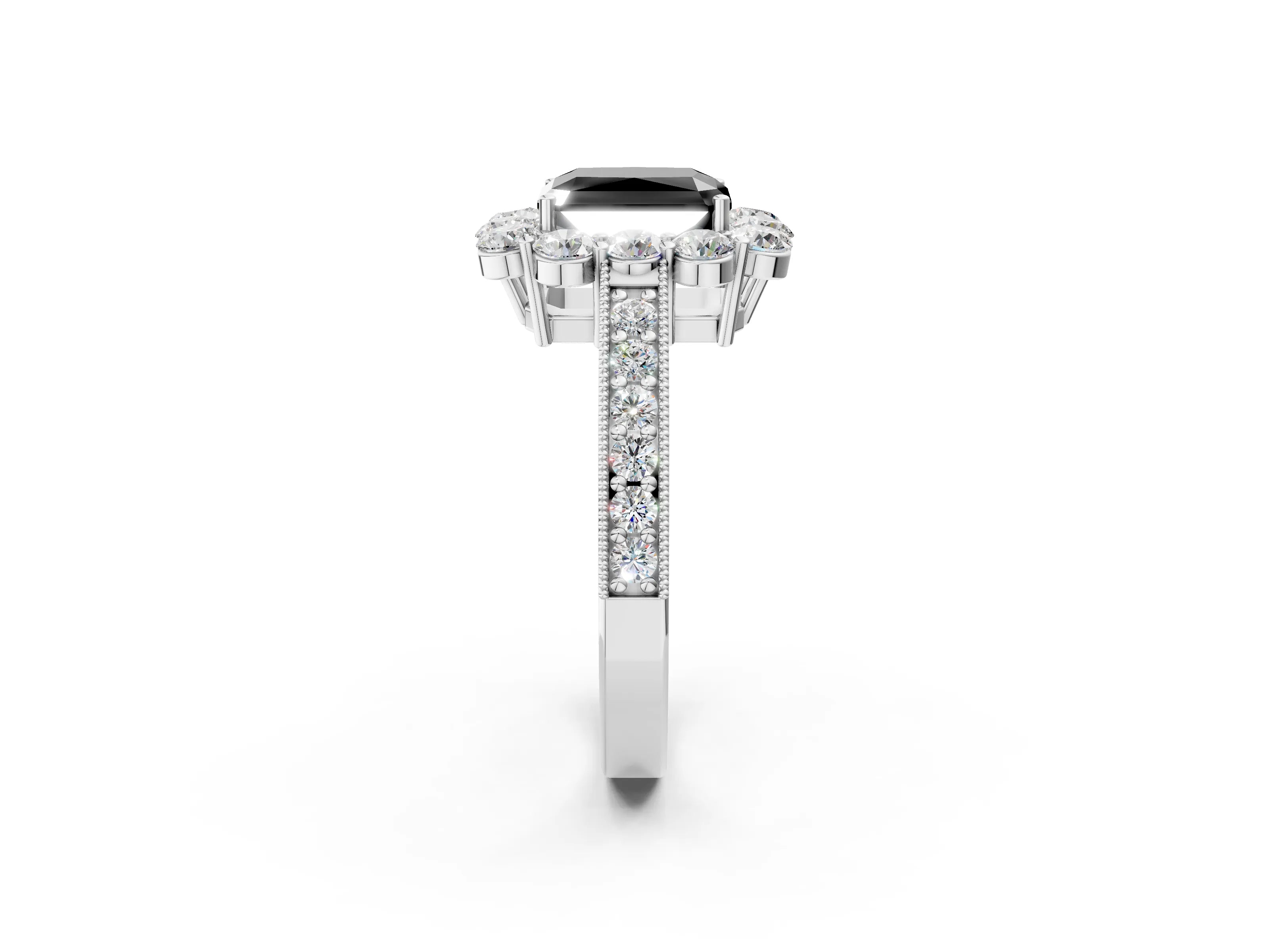 White gold Fancy Black Radiant Cut Cut Halo Diamond Pavé Engagement Ring with Milgrain Detailing_14