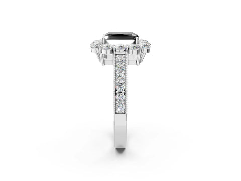 White gold Fancy Black Radiant Cut Cut Halo Diamond Pavé Engagement Ring with Milgrain Detailing_14