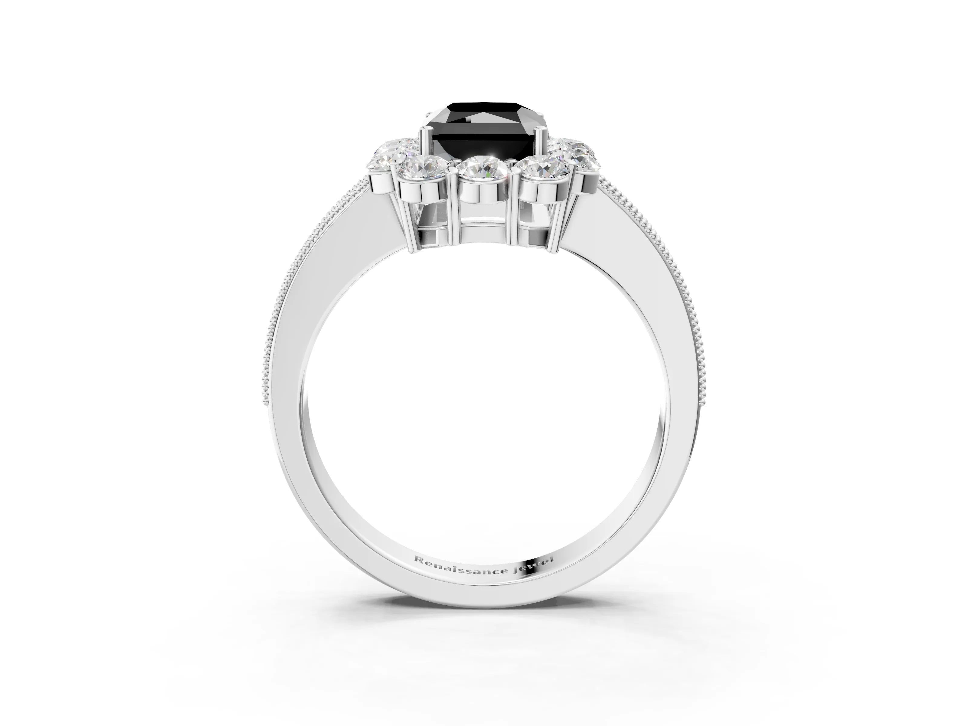 White gold Fancy Black Radiant Cut Cut Halo Diamond Pavé Engagement Ring with Milgrain Detailing_15