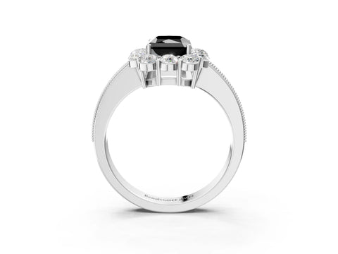White gold Fancy Black Radiant Cut Cut Halo Diamond Pavé Engagement Ring with Milgrain Detailing_15