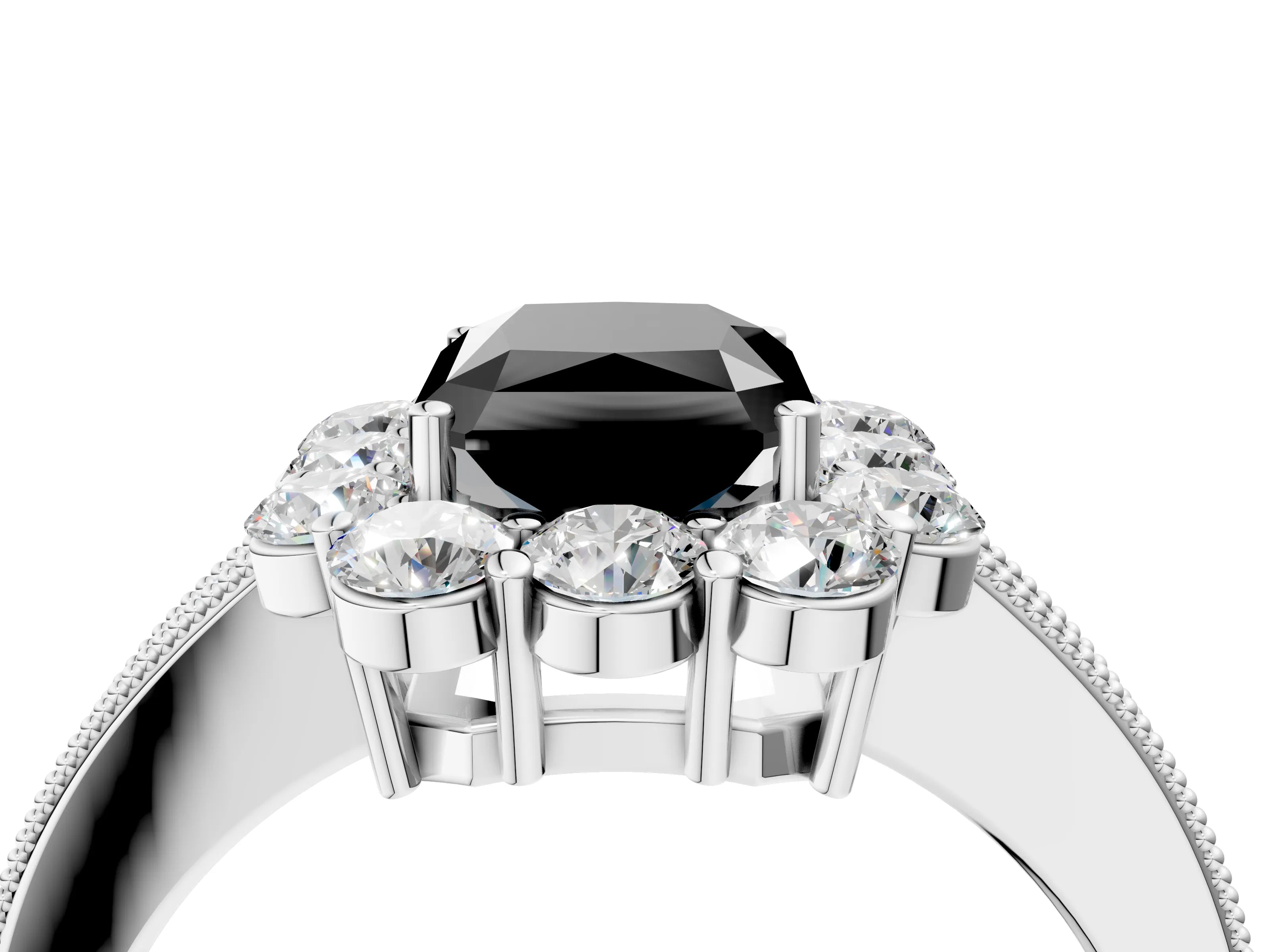 White gold Fancy Black Radiant Cut Cut Halo Diamond Pavé Engagement Ring with Milgrain Detailing_16