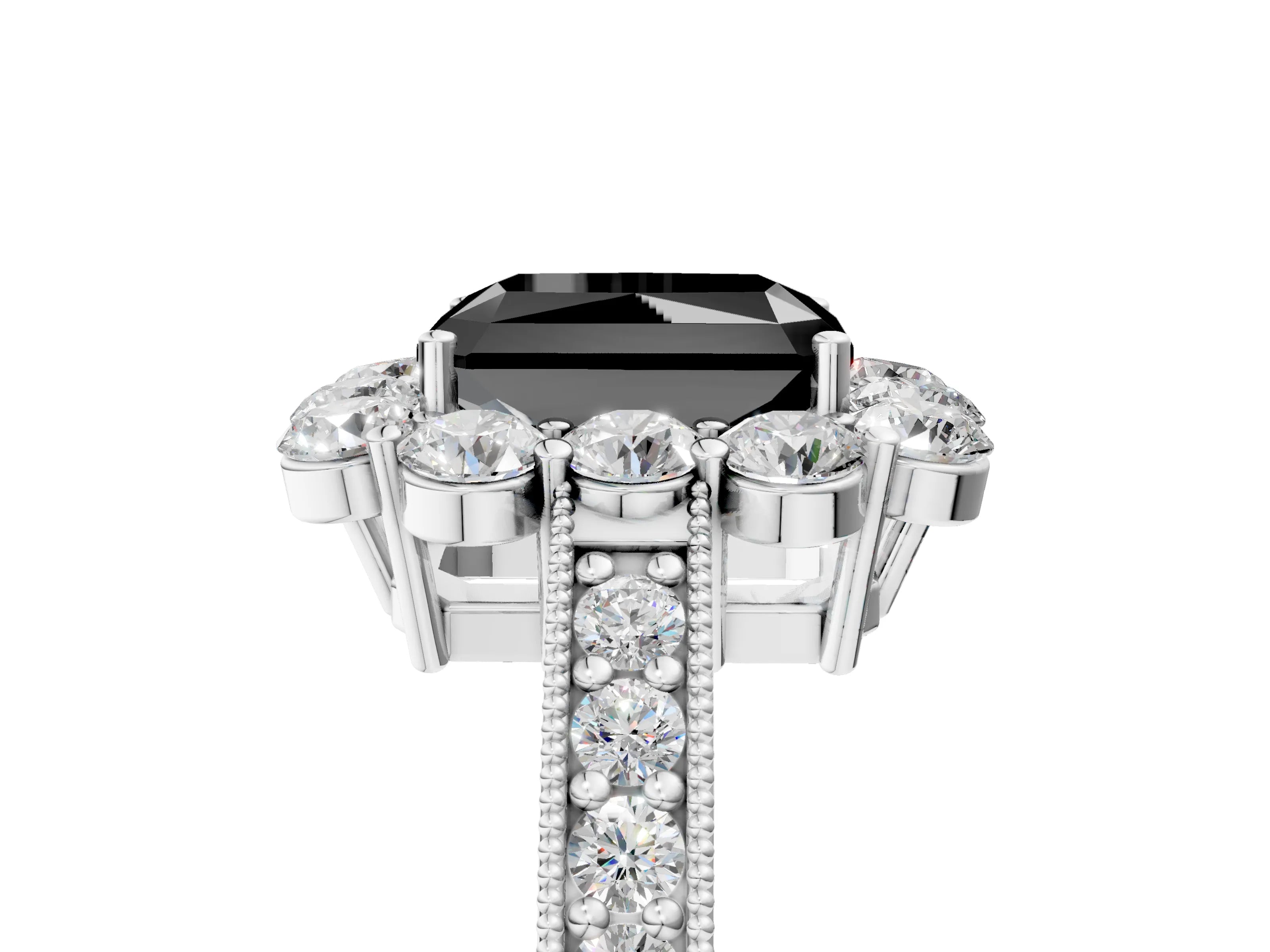 White gold Fancy Black Radiant Cut Cut Halo Diamond Pavé Engagement Ring with Milgrain Detailing_17