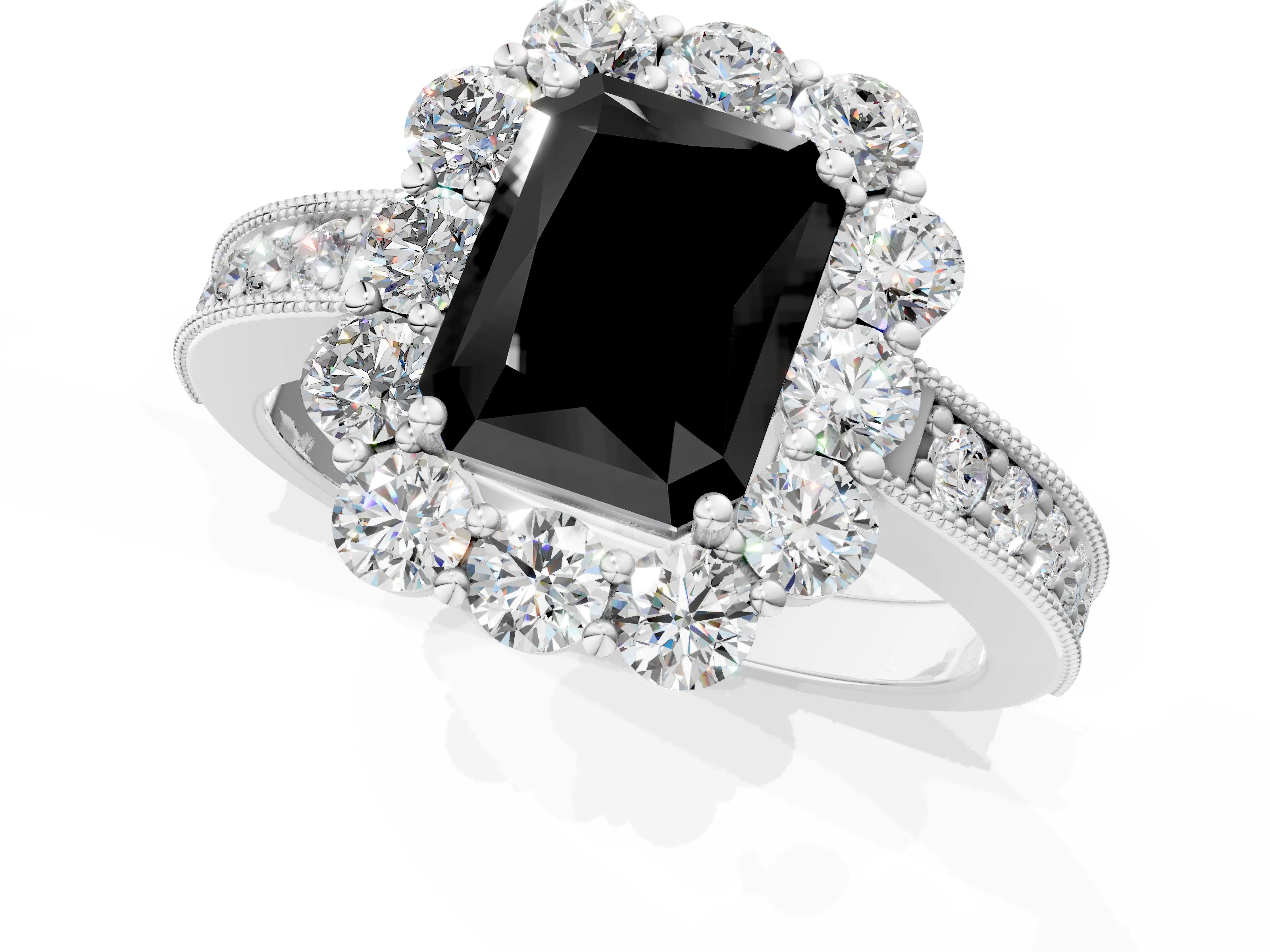 White gold Fancy Black Radiant Cut Cut Halo Diamond Pavé Engagement Ring with Milgrain Detailing_1