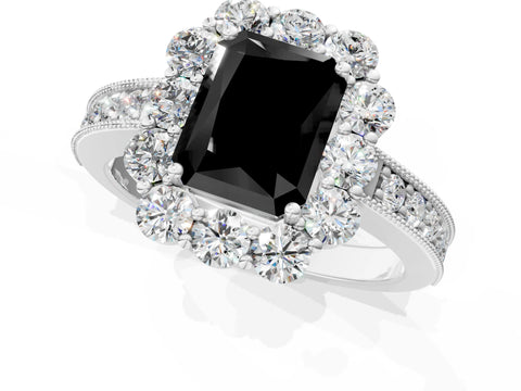 White gold Fancy Black Radiant Cut Cut Halo Diamond Pavé Engagement Ring with Milgrain Detailing_1