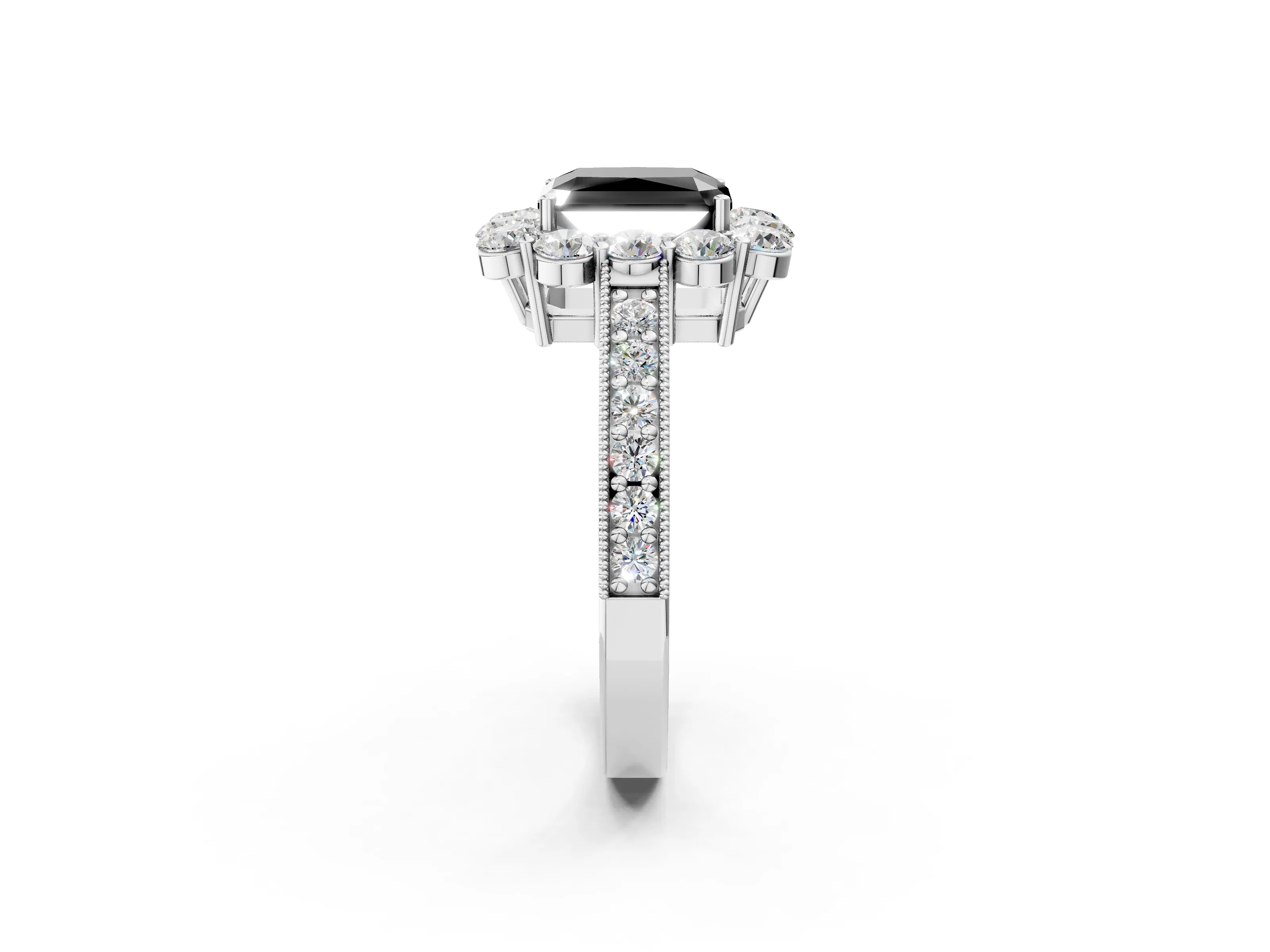 White gold Fancy Black Radiant Cut Cut Halo Diamond Pavé Engagement Ring with Milgrain Detailing_2