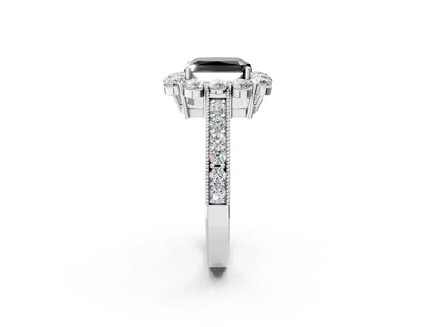 White gold Fancy Black Radiant Cut Cut Halo Diamond Pavé Engagement Ring with Milgrain Detailing_2