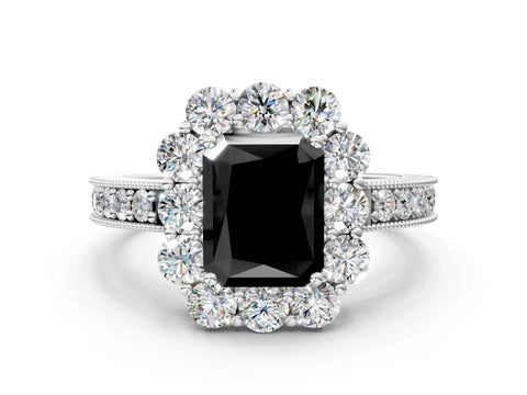 White gold Fancy Black Radiant Cut Cut Halo Diamond Pavé Engagement Ring with Milgrain Detailing