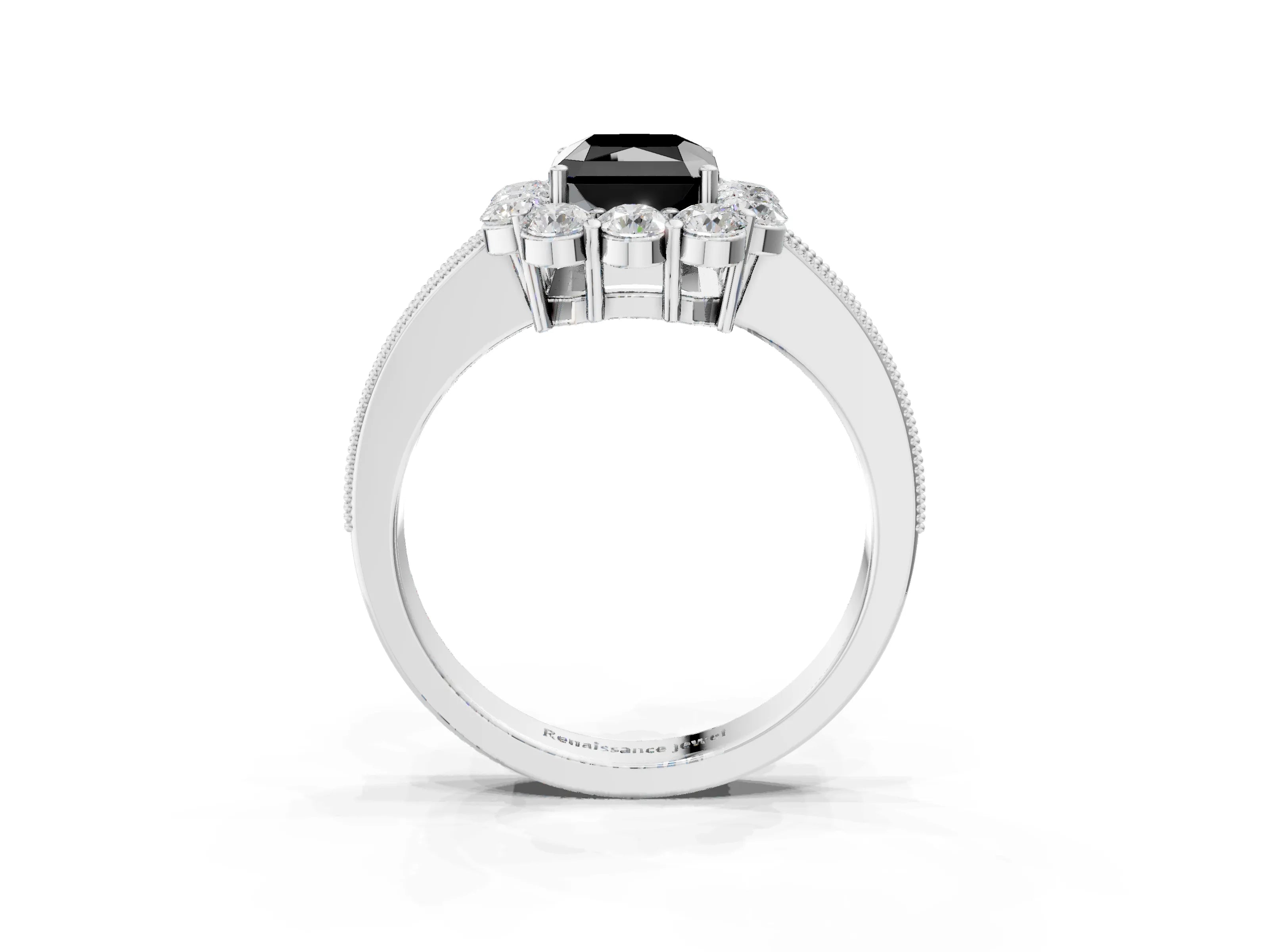 White gold Fancy Black Radiant Cut Cut Halo Diamond Pavé Engagement Ring with Milgrain Detailing_3
