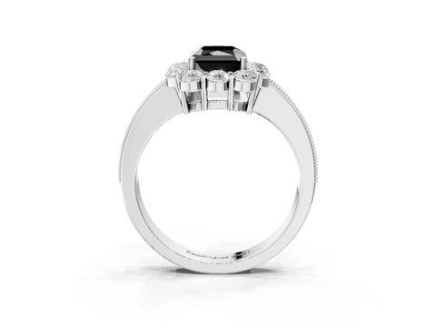 White gold Fancy Black Radiant Cut Cut Halo Diamond Pavé Engagement Ring with Milgrain Detailing_3