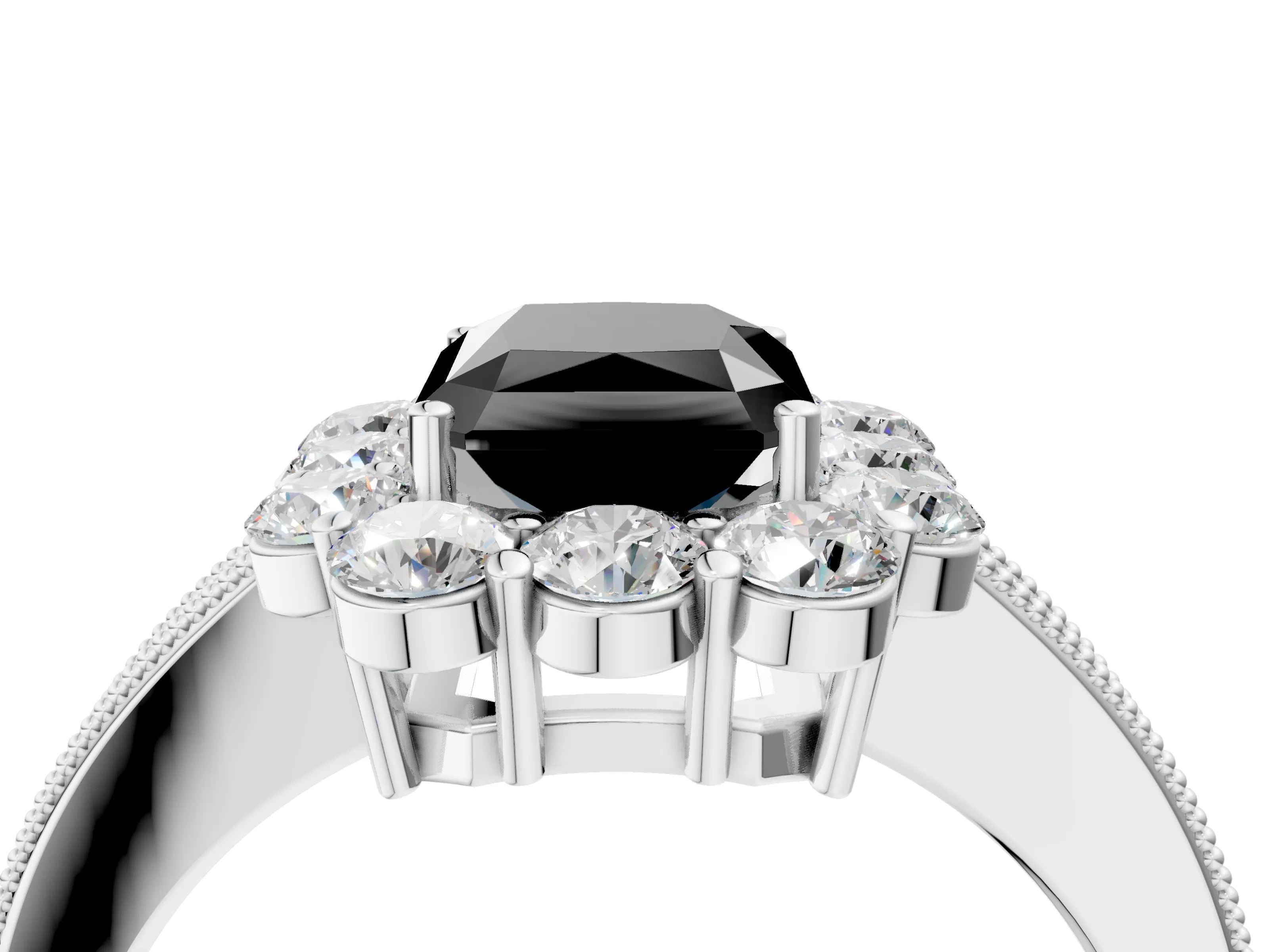 White gold Fancy Black Radiant Cut Cut Halo Diamond Pavé Engagement Ring with Milgrain Detailing_4