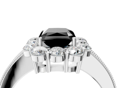 White gold Fancy Black Radiant Cut Cut Halo Diamond Pavé Engagement Ring with Milgrain Detailing_4