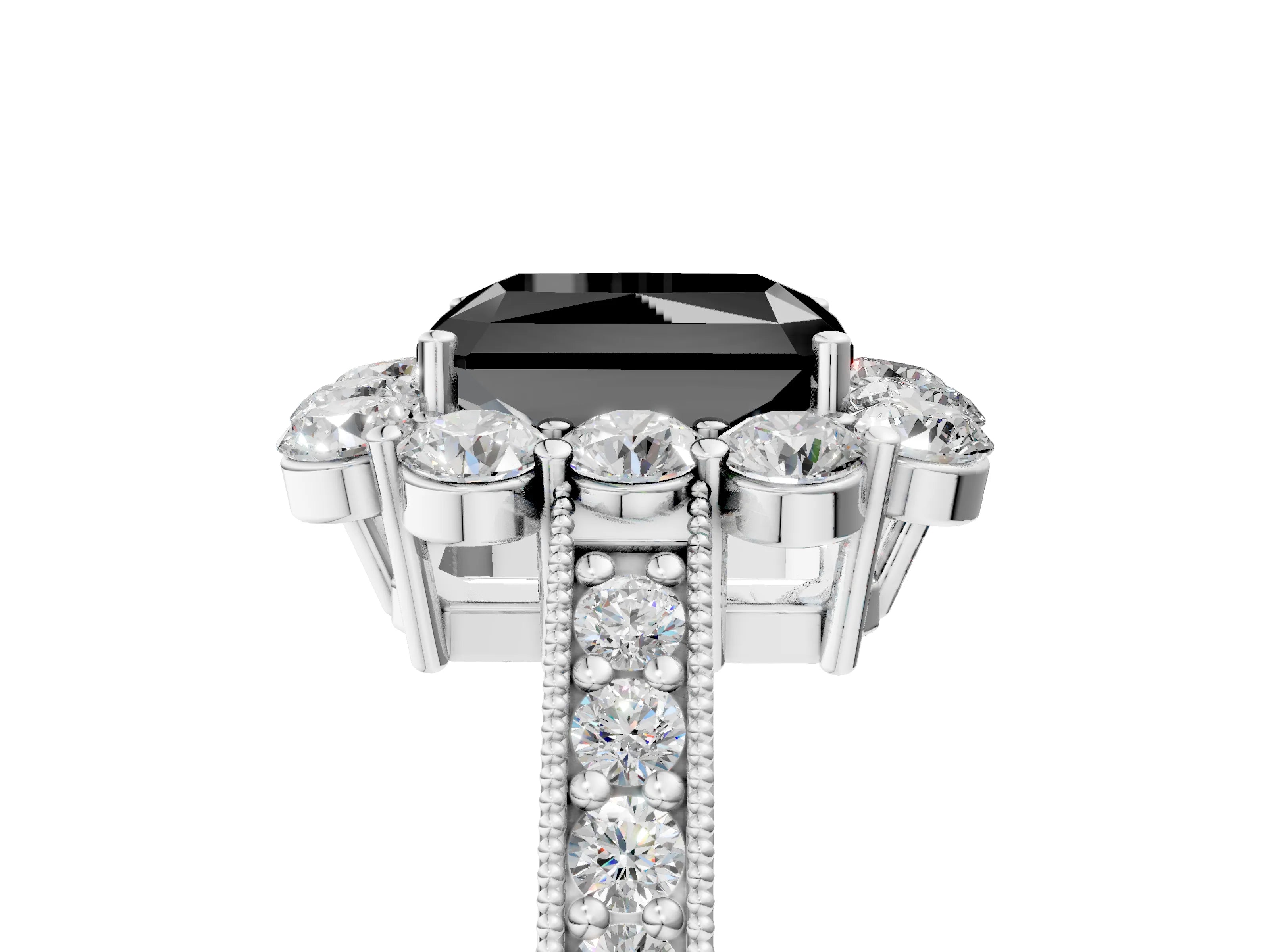 White gold Fancy Black Radiant Cut Cut Halo Diamond Pavé Engagement Ring with Milgrain Detailing_5