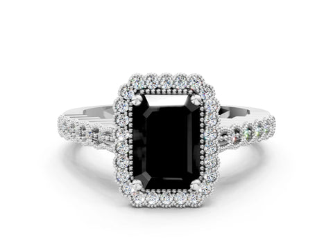 White gold Fancy Black Radiant Cut Cut Halo Pavé Solitaire Ring with Milgrain Band_12
