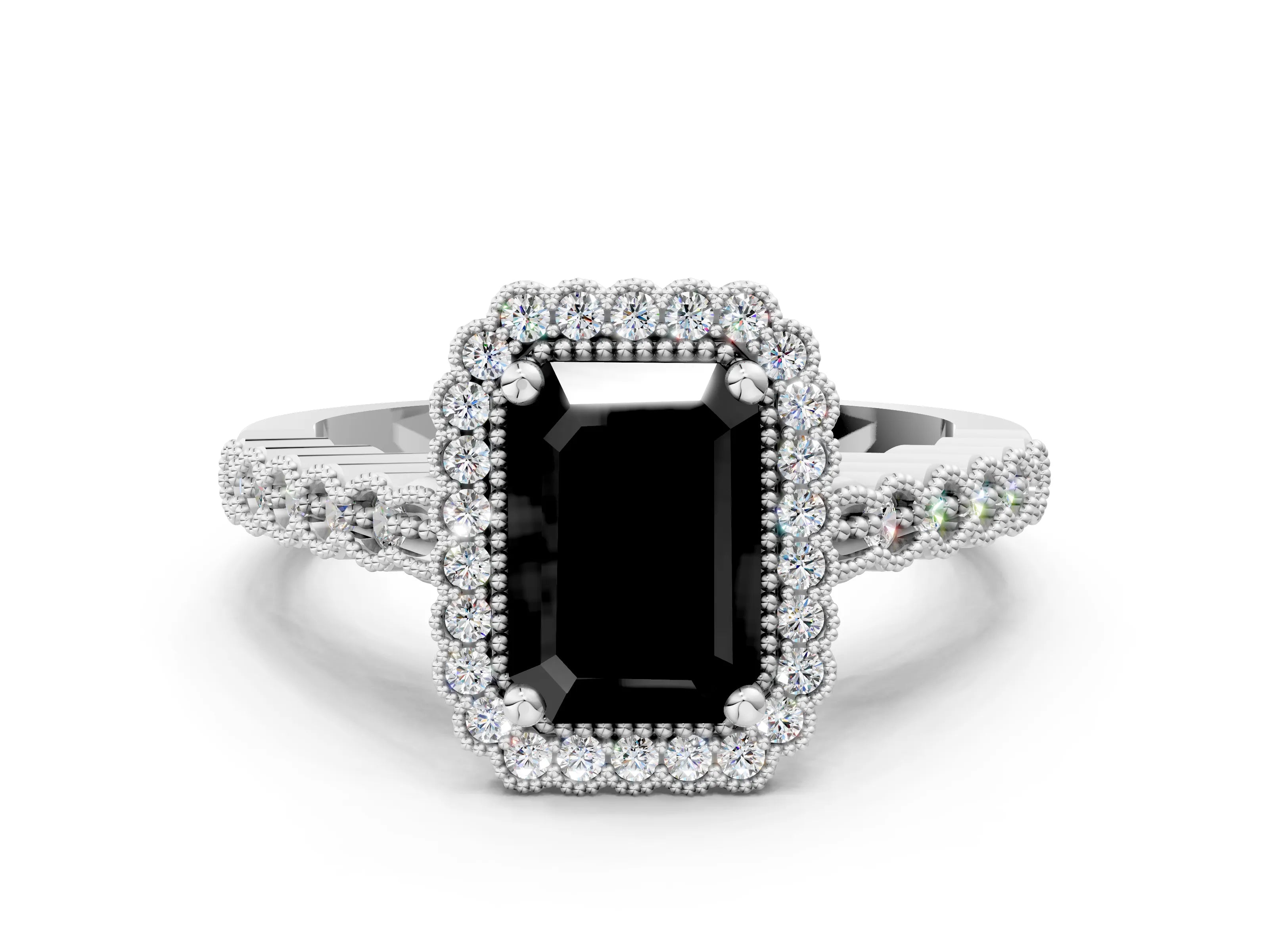 White gold Fancy Black Radiant Cut Cut Halo Pavé Solitaire Ring with Milgrain Band_12