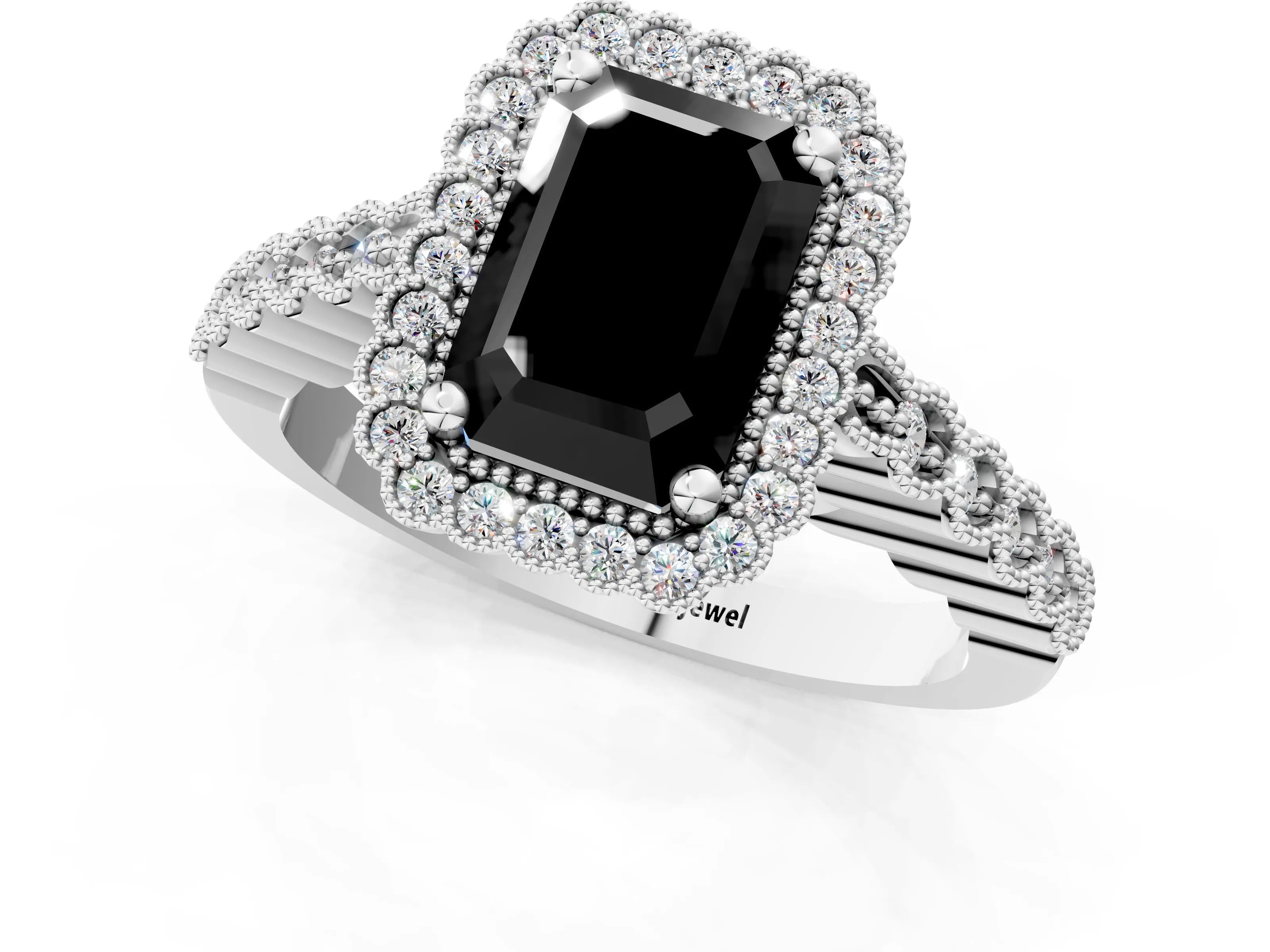 White gold Fancy Black Radiant Cut Cut Halo Pavé Solitaire Ring with Milgrain Band_13