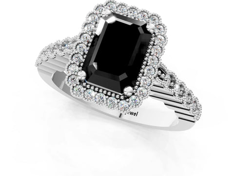 White gold Fancy Black Radiant Cut Cut Halo Pavé Solitaire Ring with Milgrain Band_13