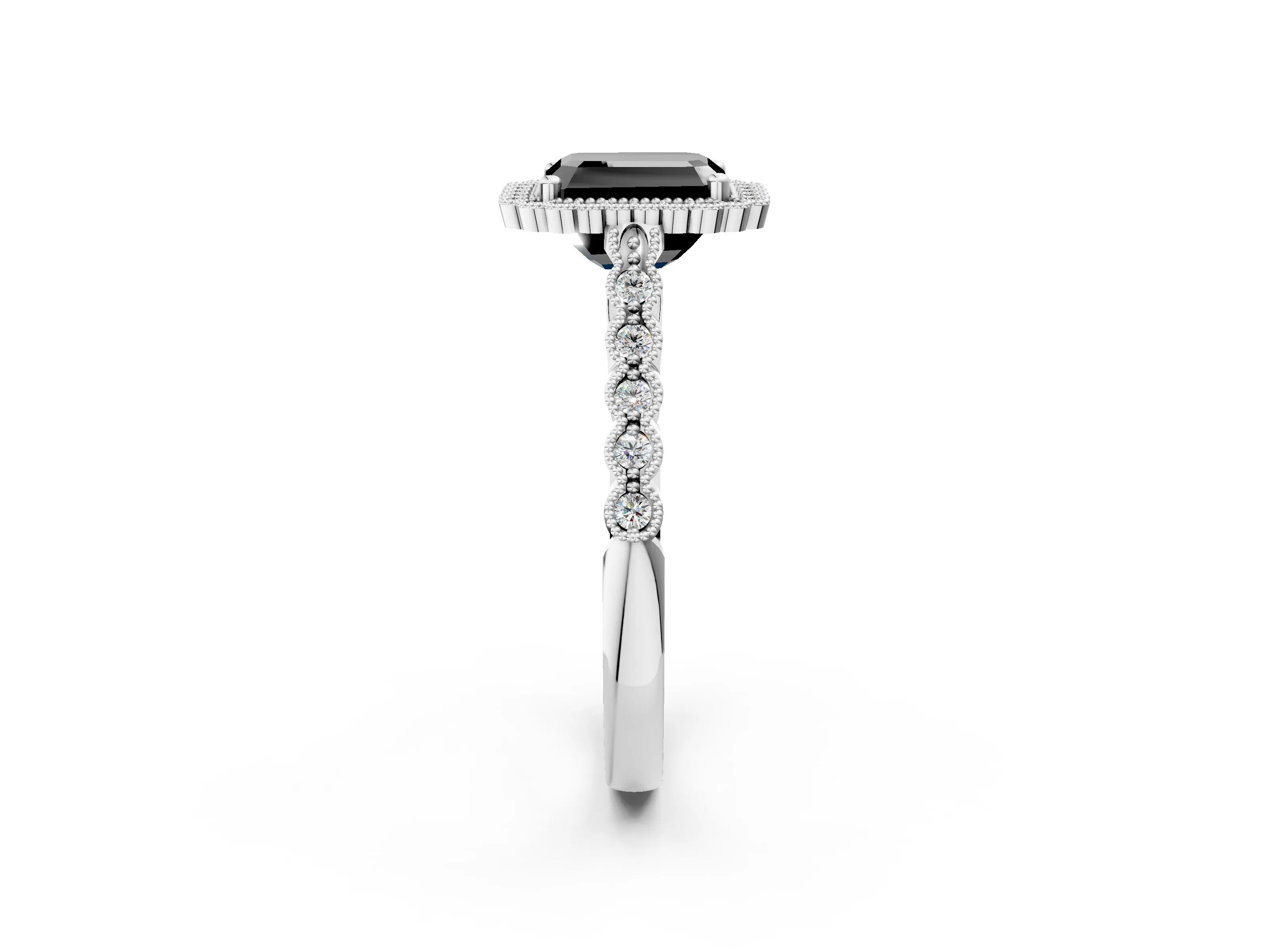 White gold Fancy Black Radiant Cut Cut Halo Pavé Solitaire Ring with Milgrain Band_14